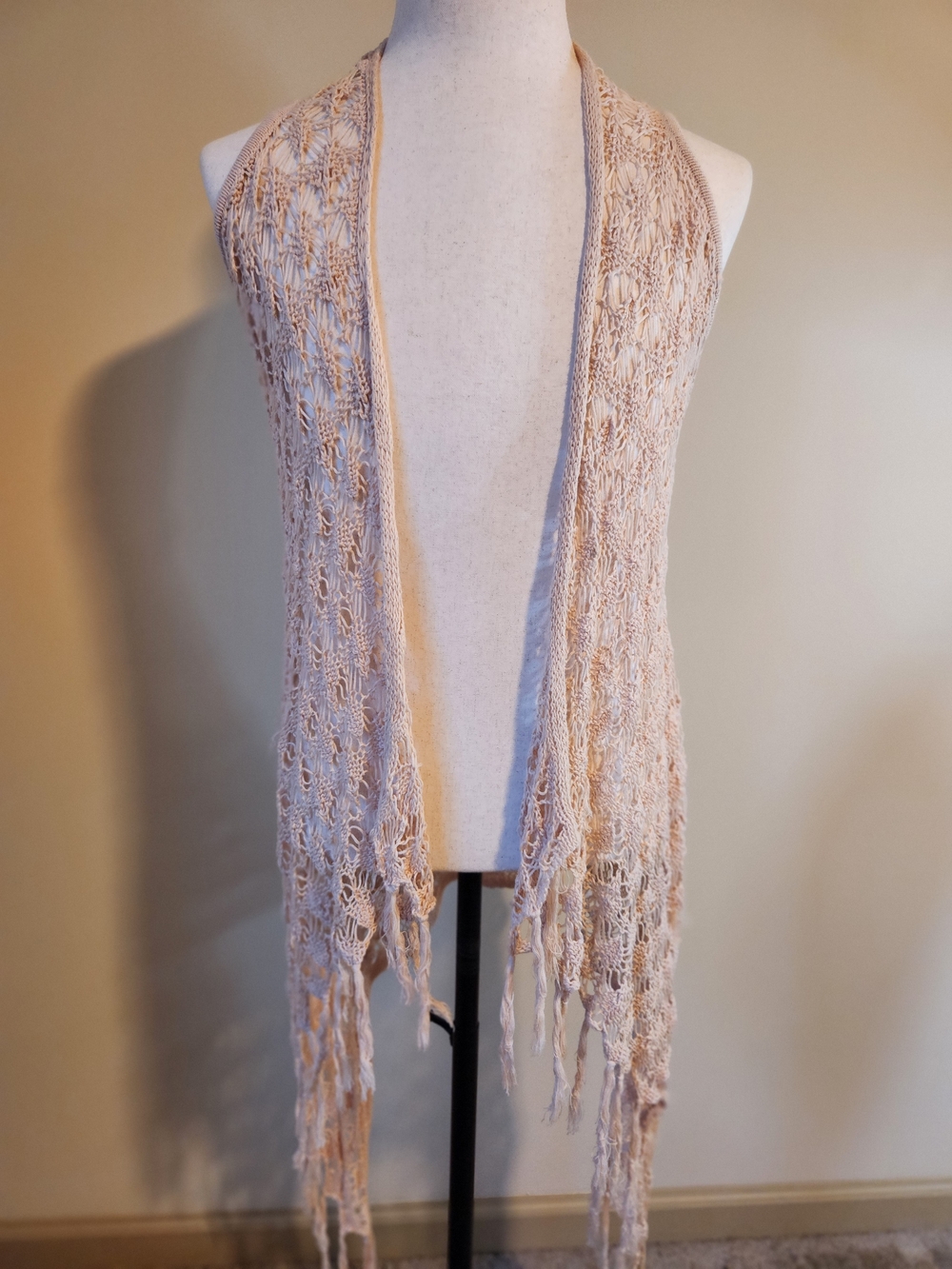 Boho Festival Crochet Fringe Vest Open Knit Asymmetrical Duster Coverup Cream